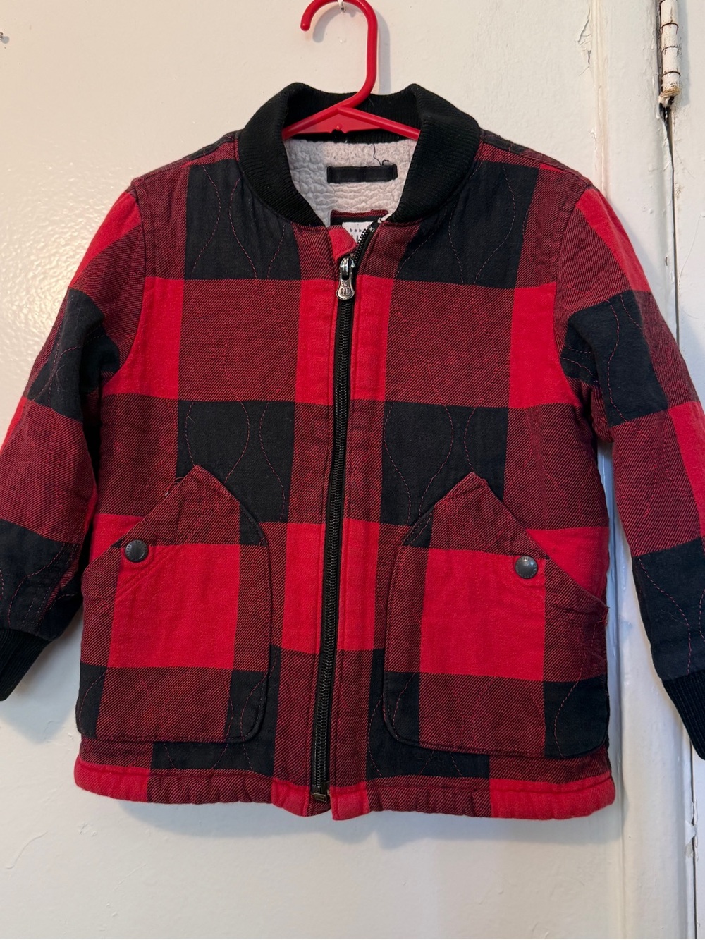Baby GAP Toddler Red Black Buffalo Plaid Sherpa Lined Bomber Jacket 4T
